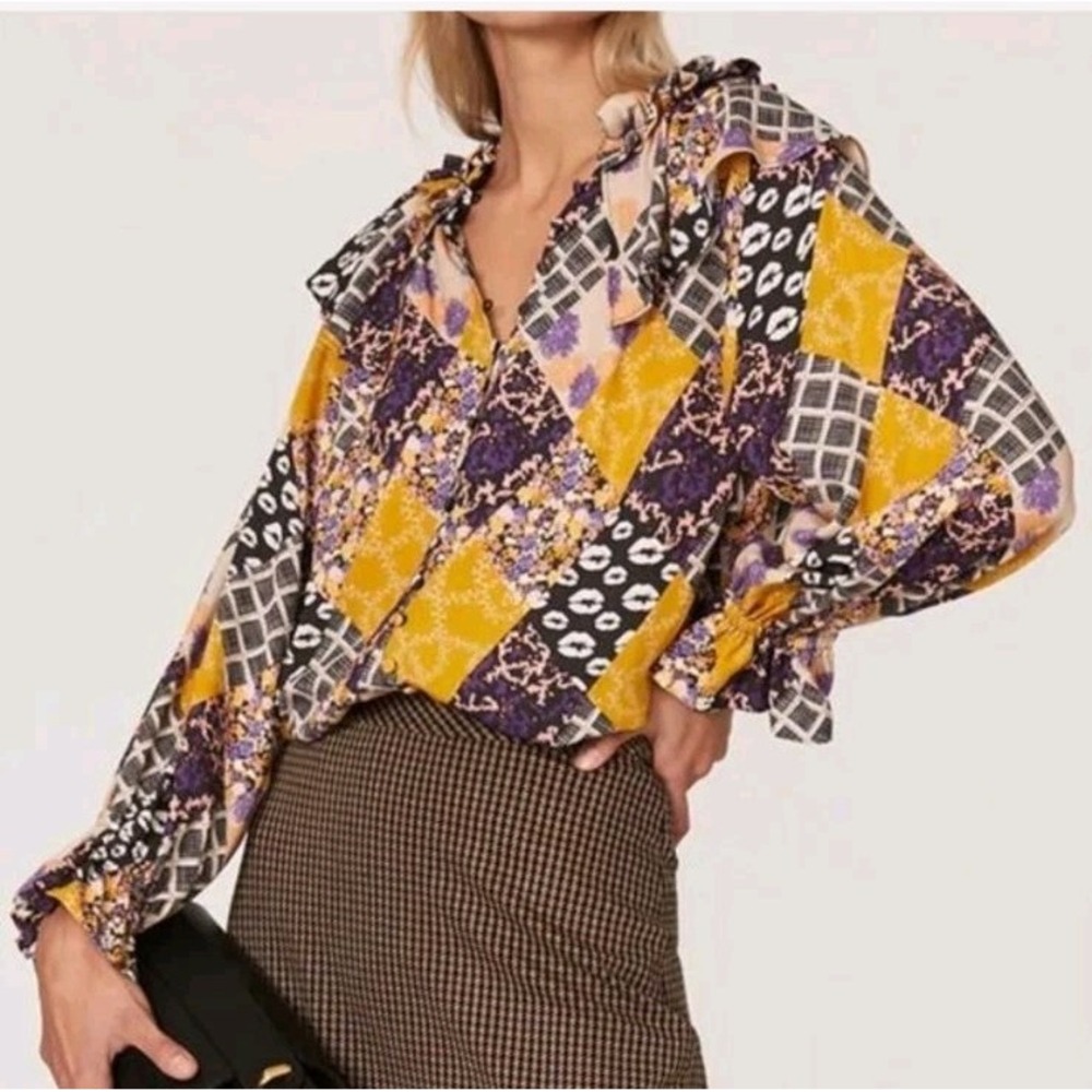 Hofmann Copenhagen May Blouse Patchwork Floral Ruffle Button Up Size 34 US 2 XS